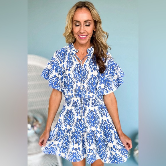 Ashleigh Blue Vintage Floral Print Wide
Ruffled Sleeve Dress Bohemian Mini - Picture 8 of 15